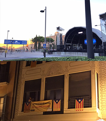위) 카탈루냐 광장의 라 메르세 무대 ©KAMS/아래) 독립국 국기를 단 바르셀로나 가정 ©KAMS
